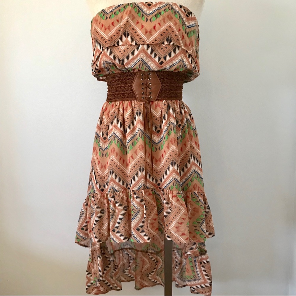 Papaya strapless high low dress Aztec design